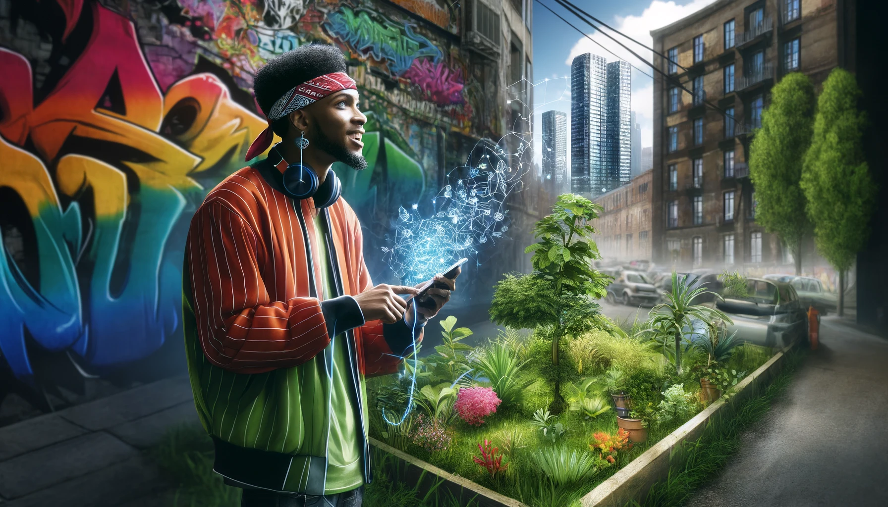 young hip hop artist using a smartphone plant app in an urban garden, set against a vibrant backdrop of graffiti walls, reflecting the unique blend of nature and urban lifestyle within the hip hop community