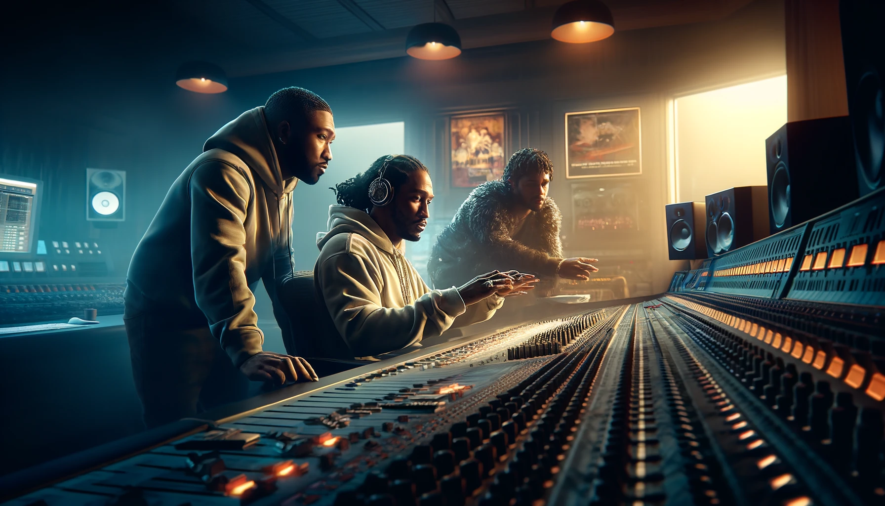 a dynamic collaboration moment in a recording studio during 2024, showcasing artists like Future, Metro Boomin, and Kendrick Lamar deeply engaged in creating music.