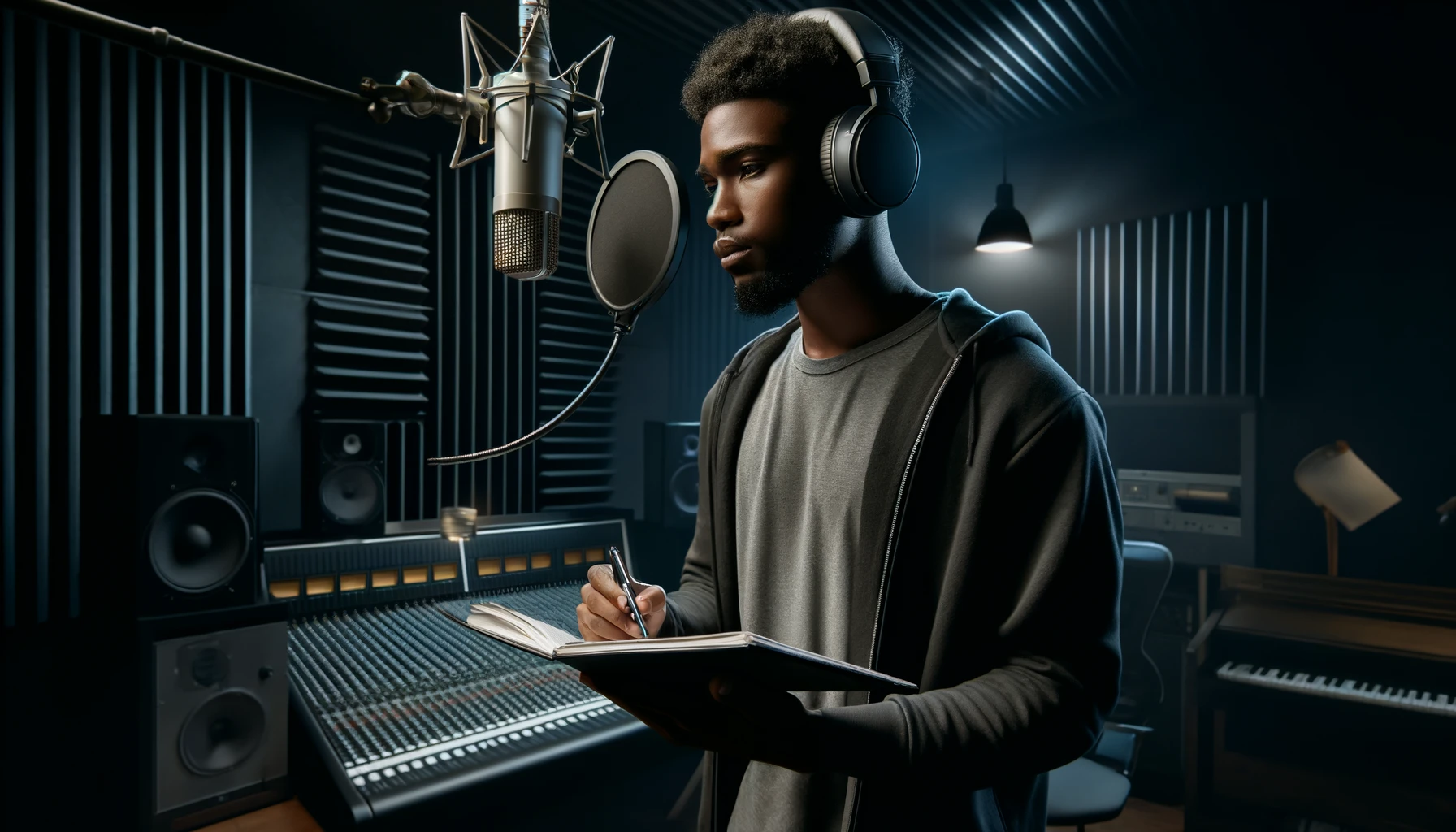 a rapper musician deeply engaged in creating music in a modern recording studio