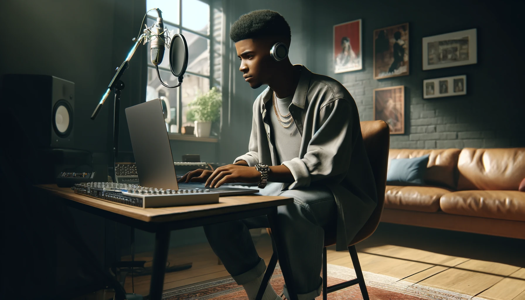a young, talented rapper creating music in a modern home studio