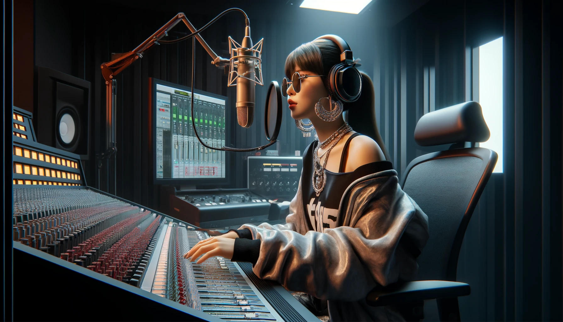 emerging female rapper recording a track in a high-tech recording studio, representing the impact of social media on new artists in hip hop in 2024