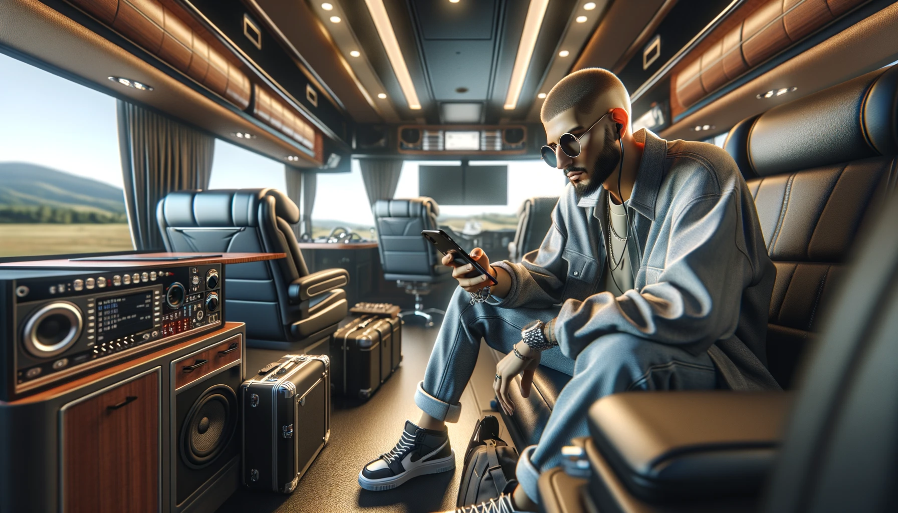 a male rapper sitting in a comfortable seat in a bus, wearing casual yet trendy attire, and focused on his phone.