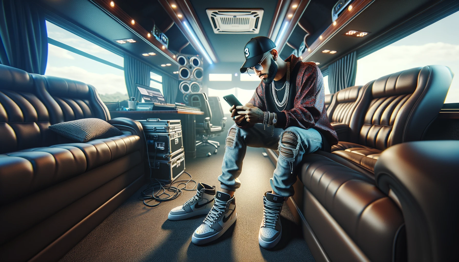 a male rapper using his phone in a tour bus.