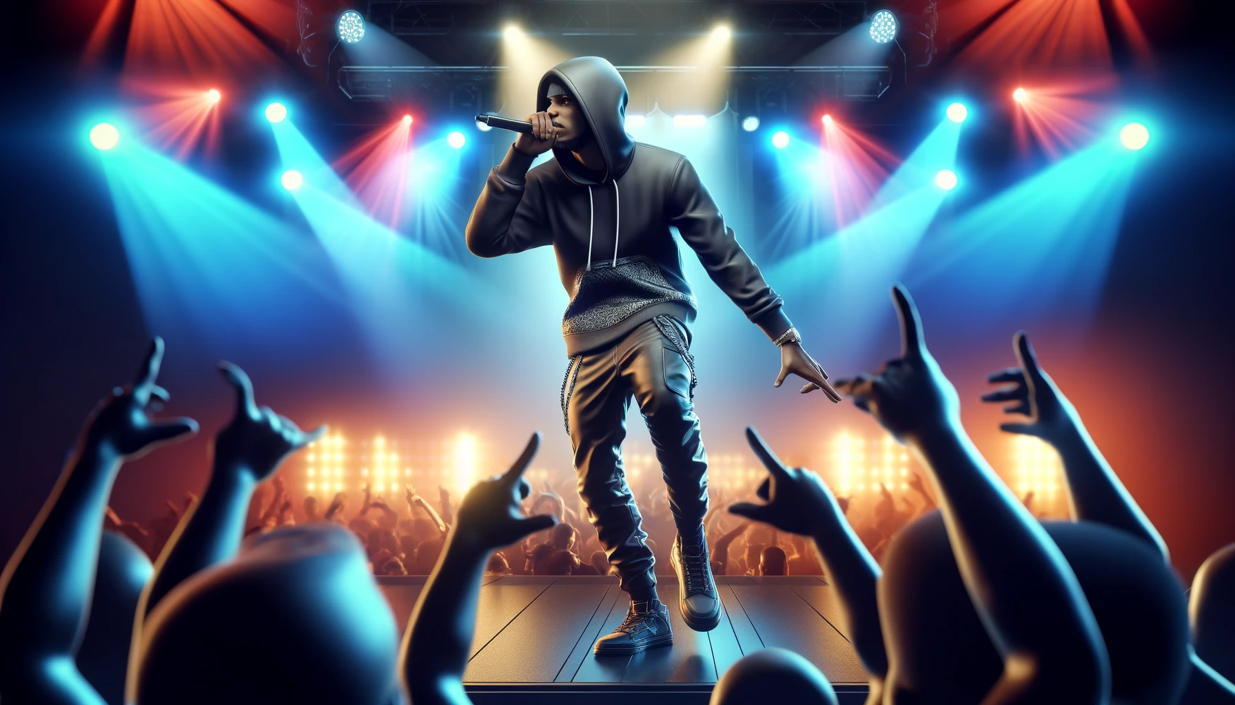an African-American rapper performing on stage. He is dressed in stylish urban attire, holding a microphone with one hand and gesturing energetically with the other.