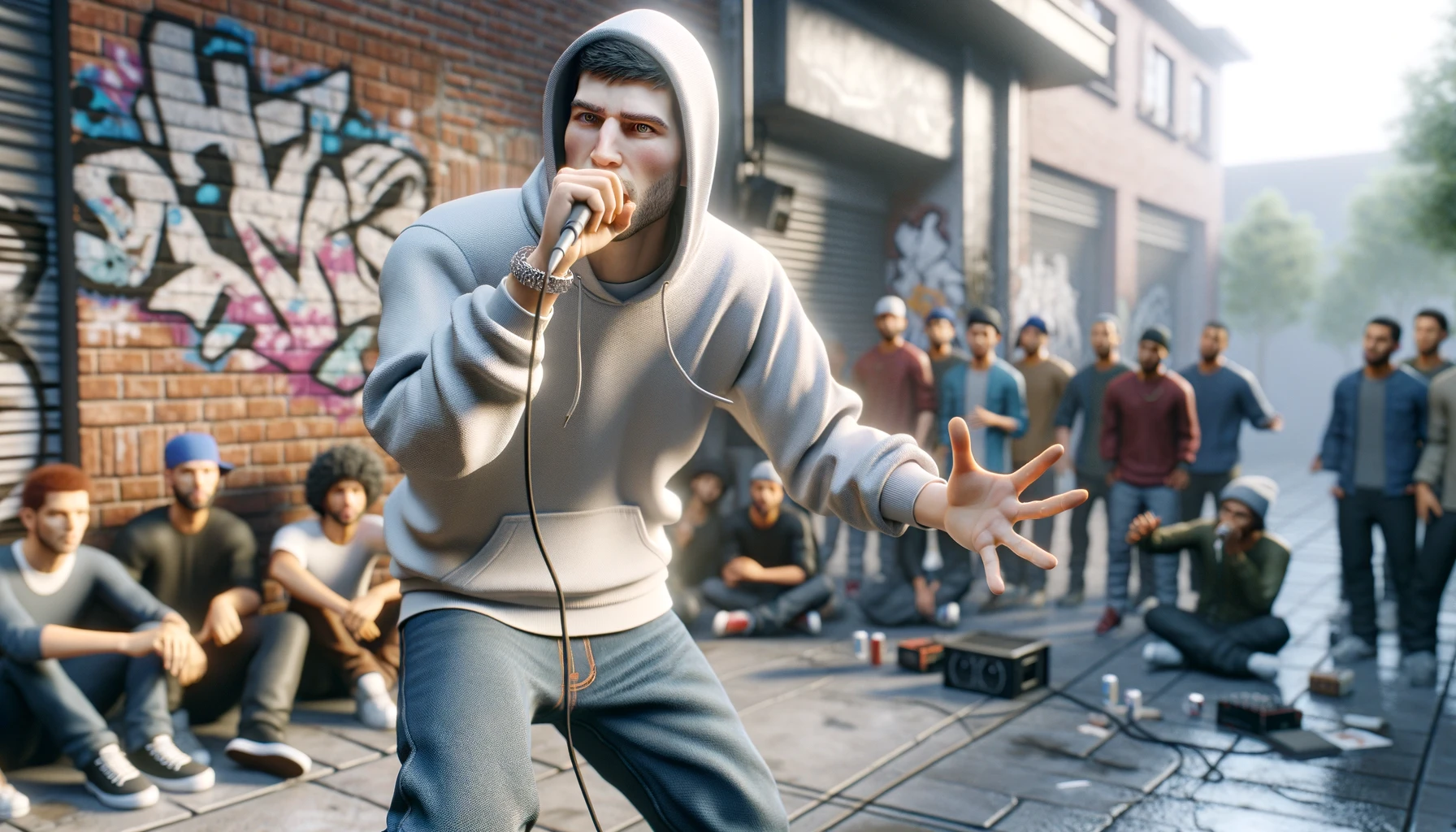 a freestyle rapper gesturing expressively with one hand while holding a microphone in the other. He is wearing casual streetwear, like a hoodie and jeans.