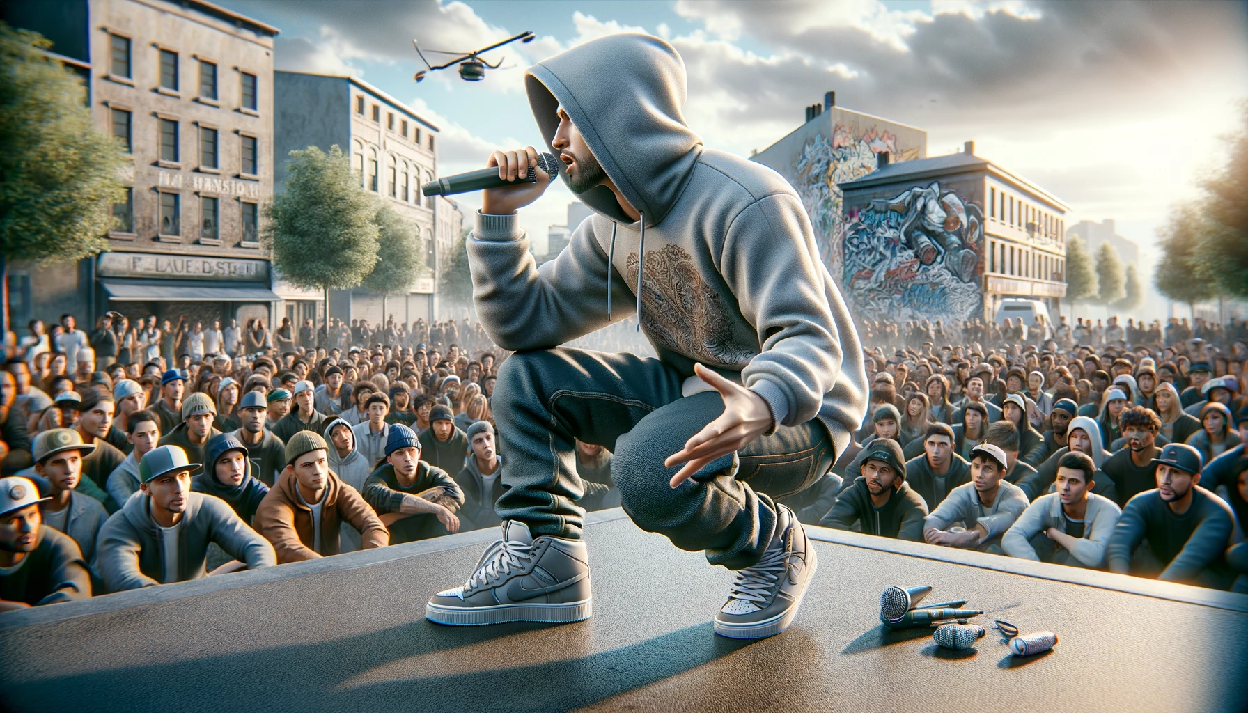 a freestyle rapper performing outdoors. The rapper is wearing casual, trendy attire, including a hoodie and sneakers, holding a microphone while passionately rapping.