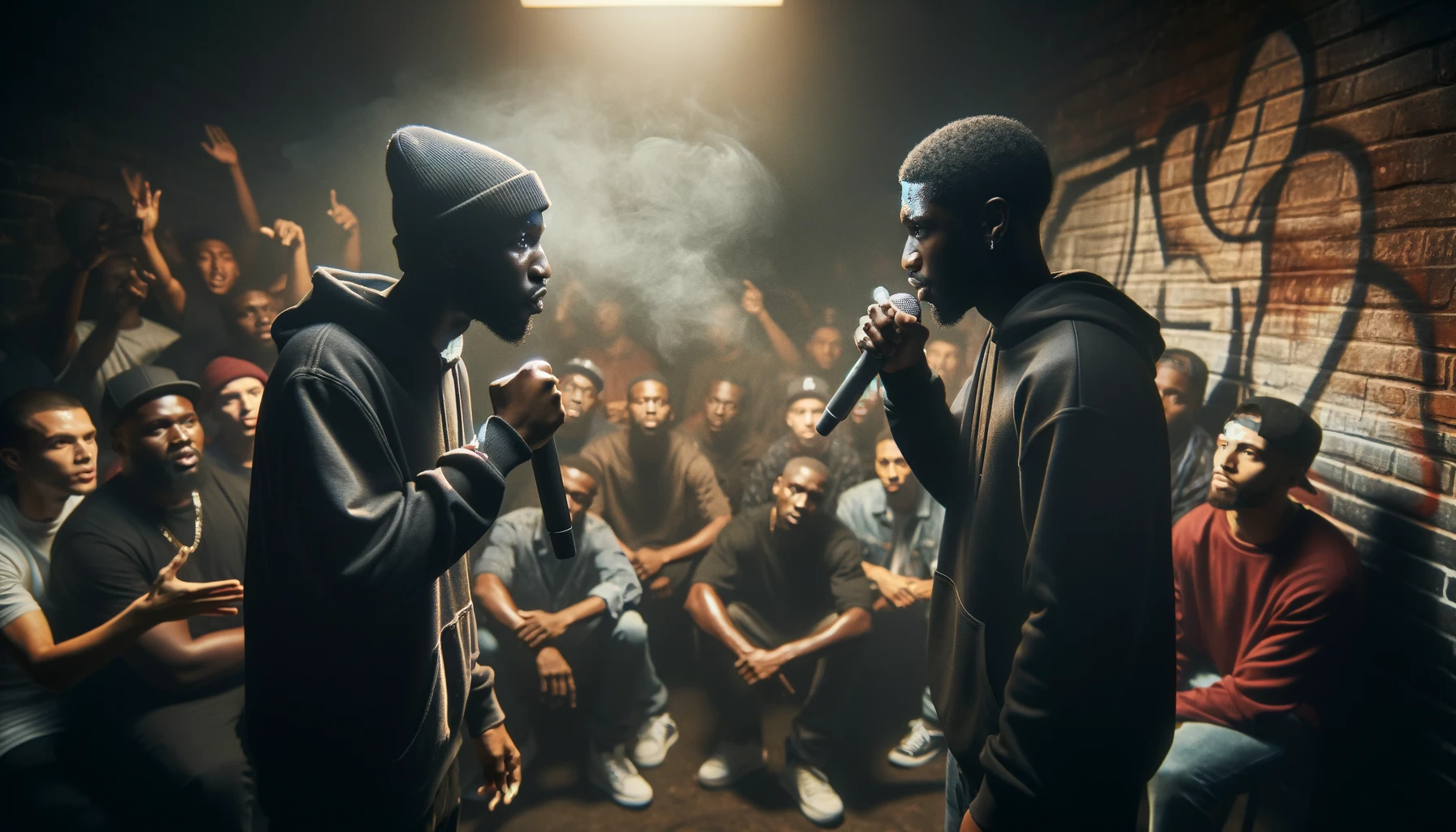 a rap battle between two African-American men. They are standing face-to-face in an intense exchange, holding microphones and delivering their lines passionately.