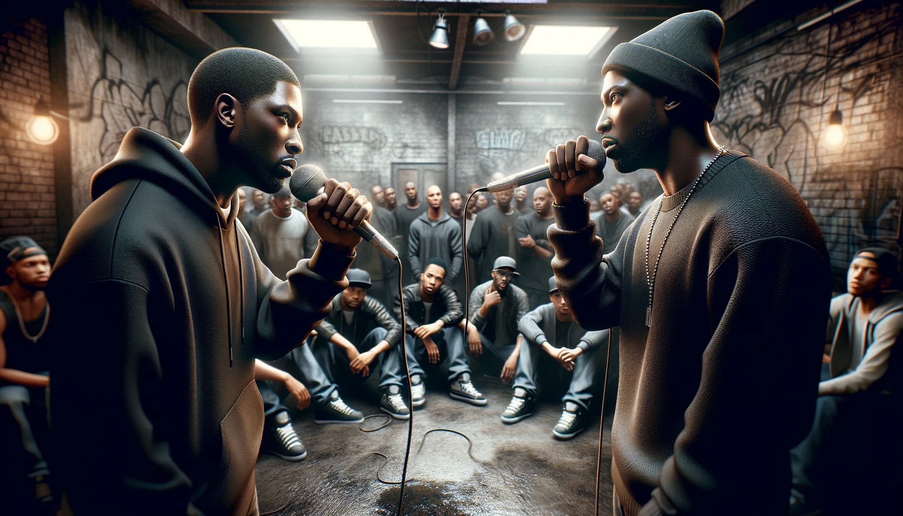a rap battle between two African-American men with a blurred audience. The two rappers are facing each other intensely, holding microphones and delivering powerful verses.