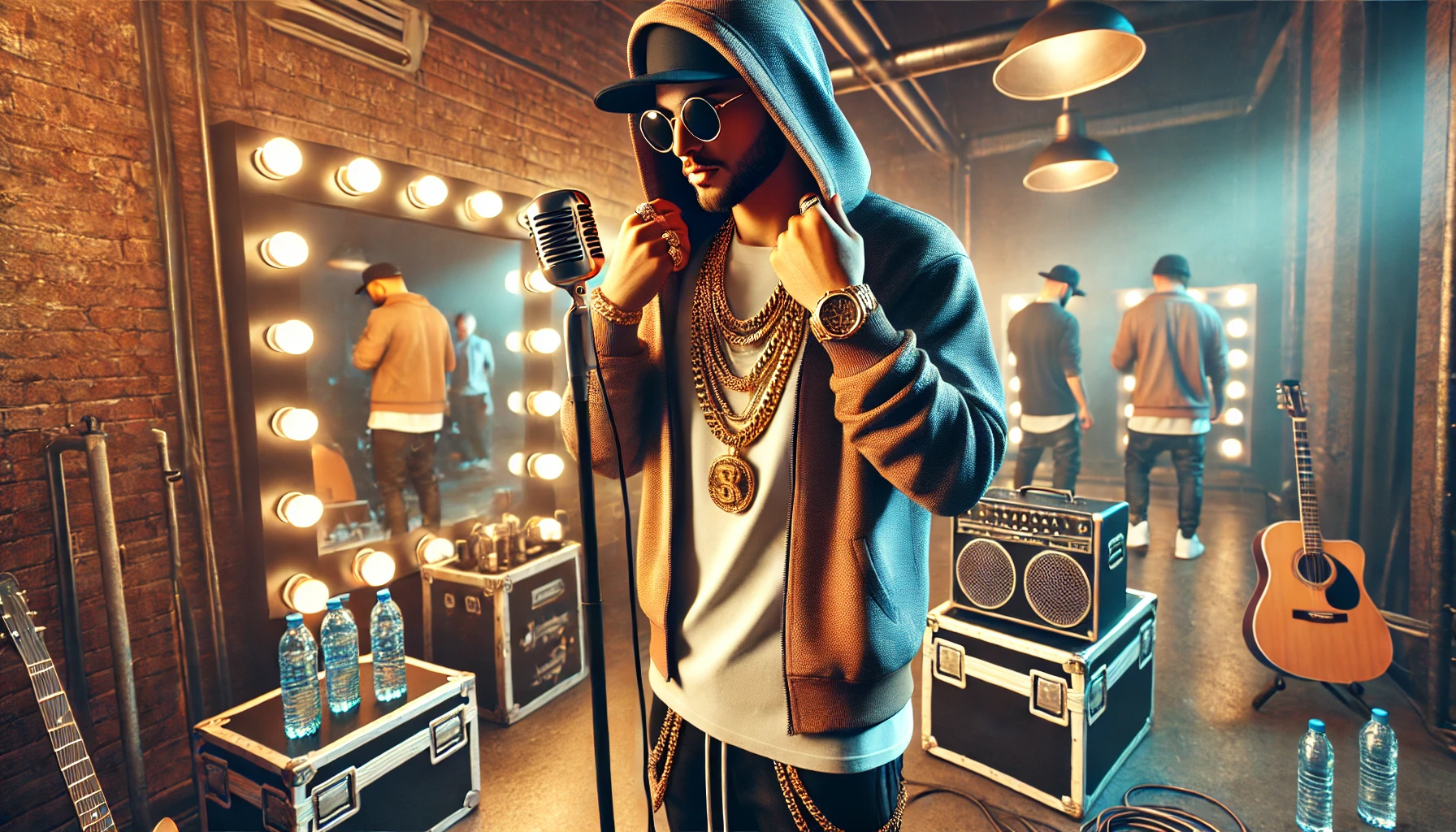 A rapper in trendy streetwear adjusts his microphone in a vibrant backstage area filled with equipment cases, a lit mirror, and other performers preparing for the show.