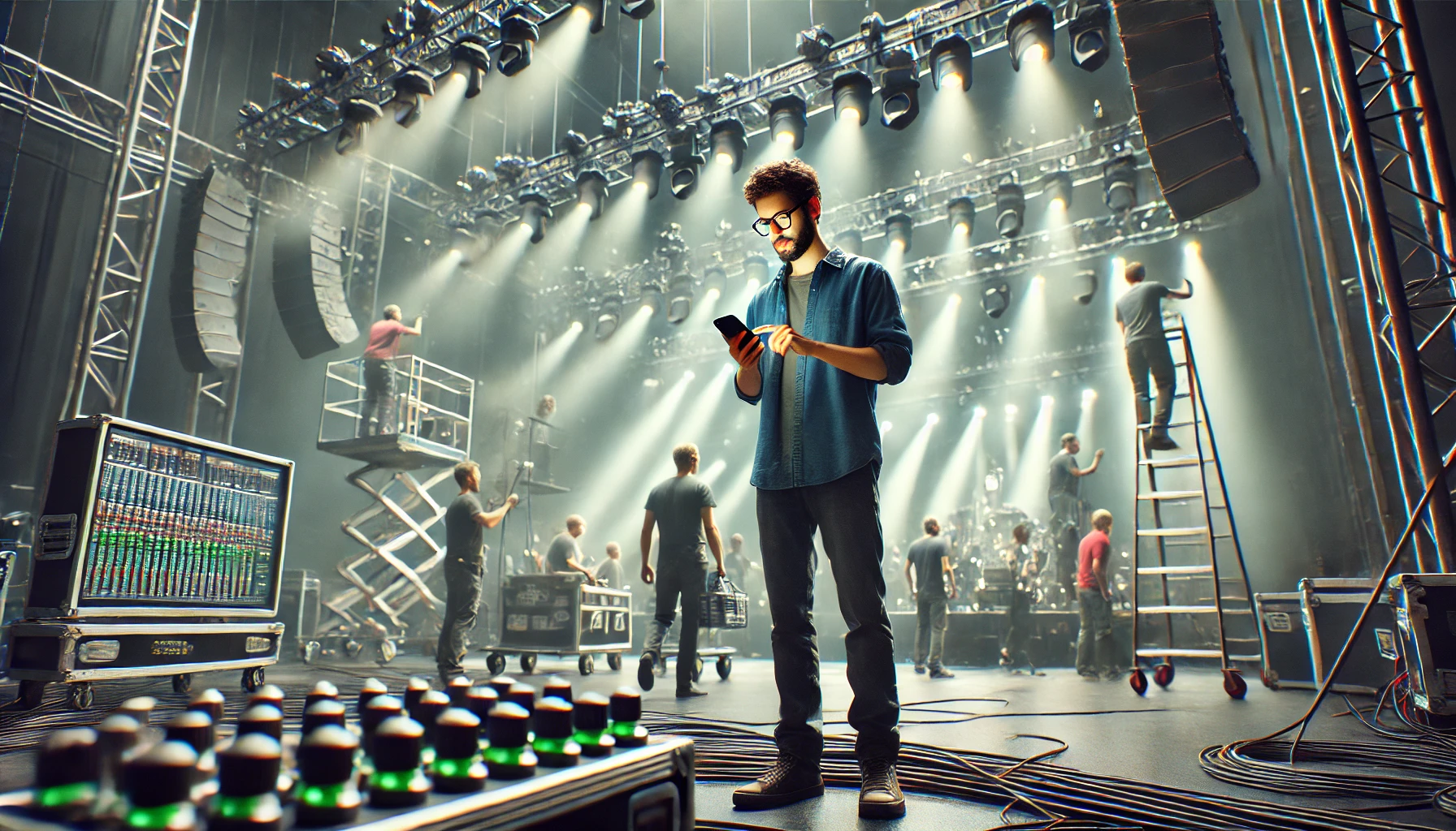 A team member stands on a bustling stage filled with lighting equipment and sound gear, engrossed in his smartphone while other crew members prepare for the show in the background.