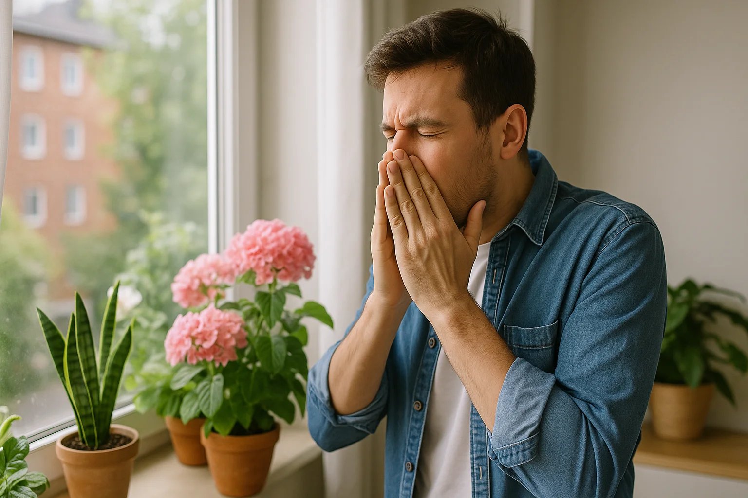 A man sneezes near a window filled with blooming indoor plants, reacting to pollen in the air.