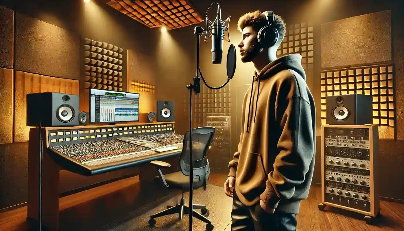 A rap artist recording vocals for an album in a modern, high-end recording studio.