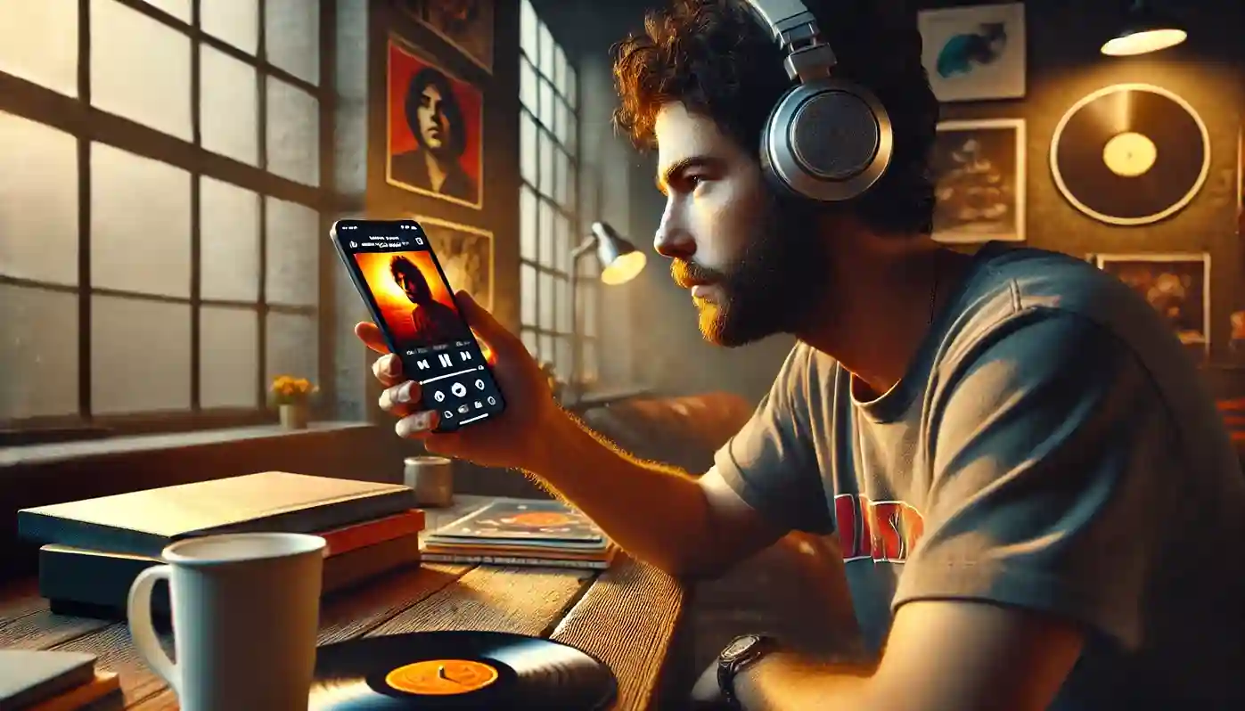 A music fan wearing headphones, closely examining album visuals displayed on their smartphone screen.