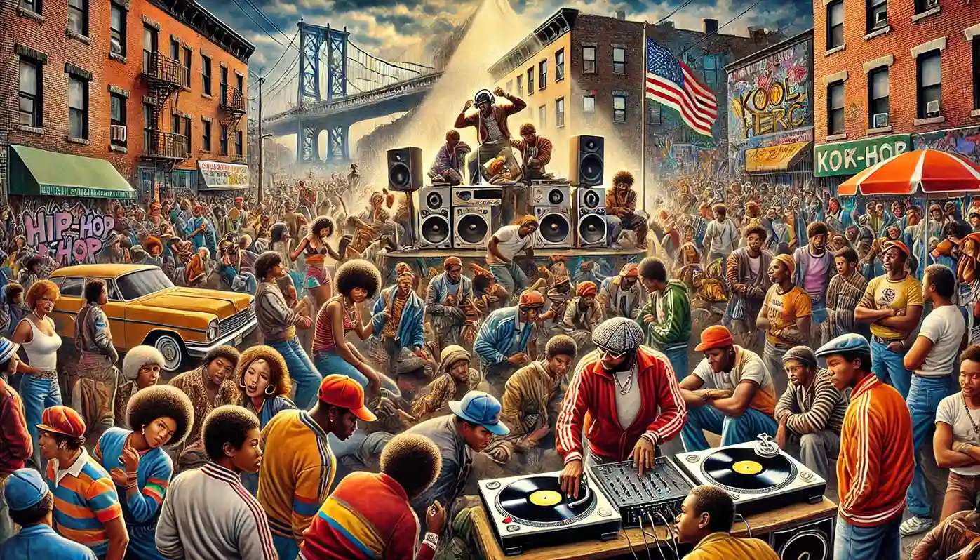 a hip-hop block party in the Bronx during the 1970s, capturing the cultural roots and community spirit of early hip-hop.