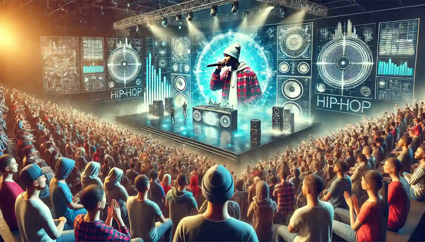 A modern hip-hop concert scene, illustrating the genre's global impact and technological advancement, with a diverse audience enjoying the performance.