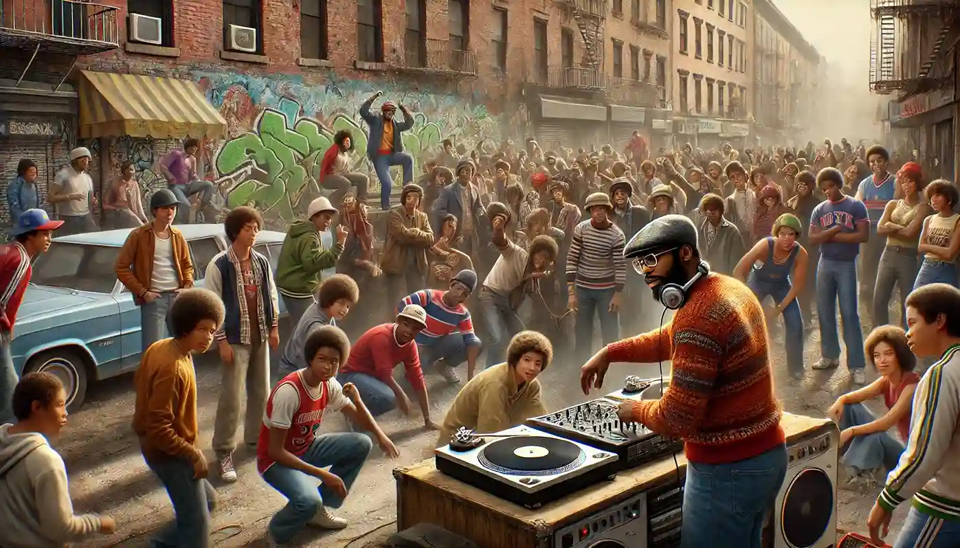 the early days of hip-hop at a back-to-school party in the Bronx, featuring DJ Kool Herc and a vibrant crowd engaged in breakdancing.