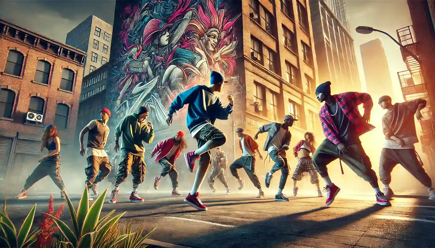A vibrant street scene depicting a dynamic hip-hop dance performance with a diverse group of dancers.