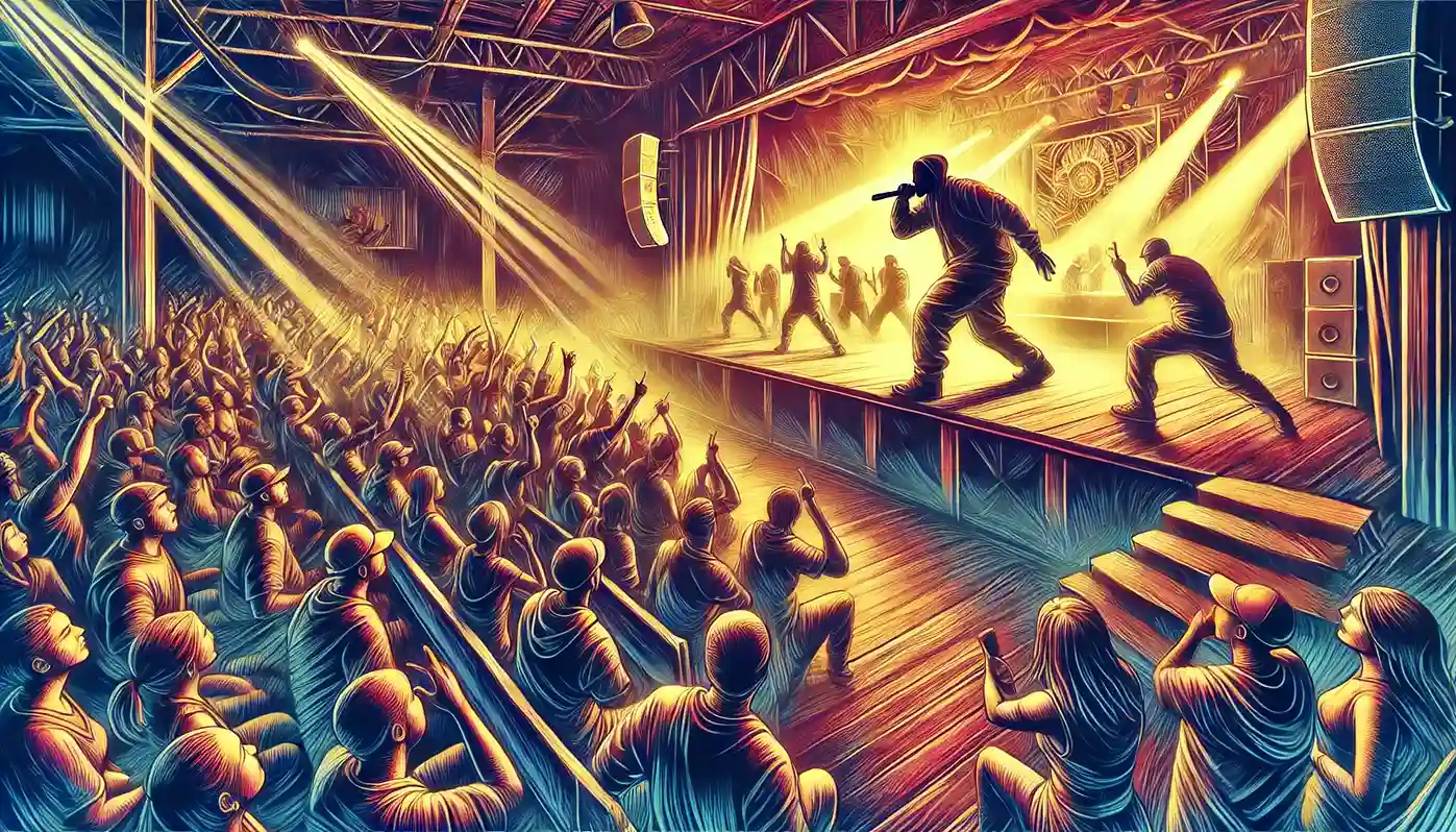 a hip-hop concert with a large, enthusiastic crowd and a prominent hip-hop artist performing onstage.