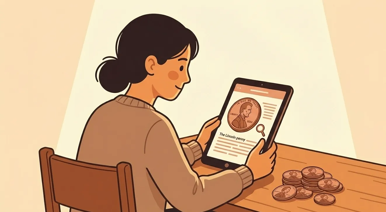 woman reads upon Lincoln Penny coins with a tablet