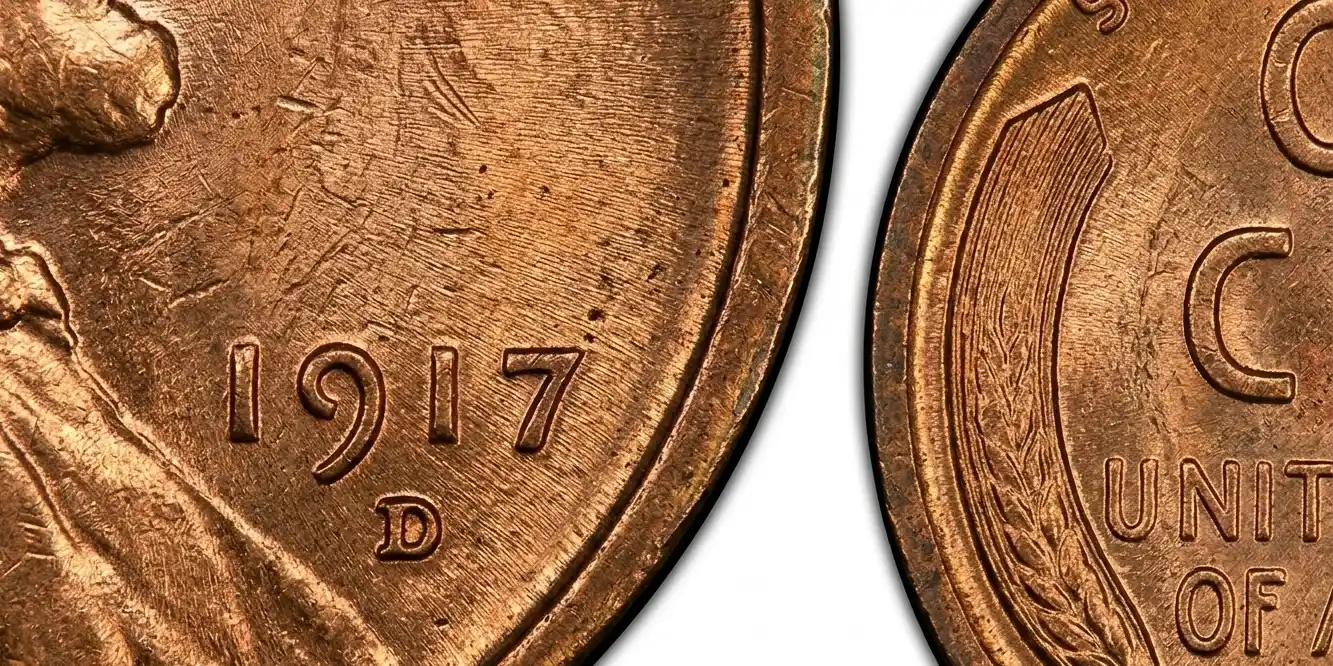 Macro image of 1917 wheat penny date and wheat ears
